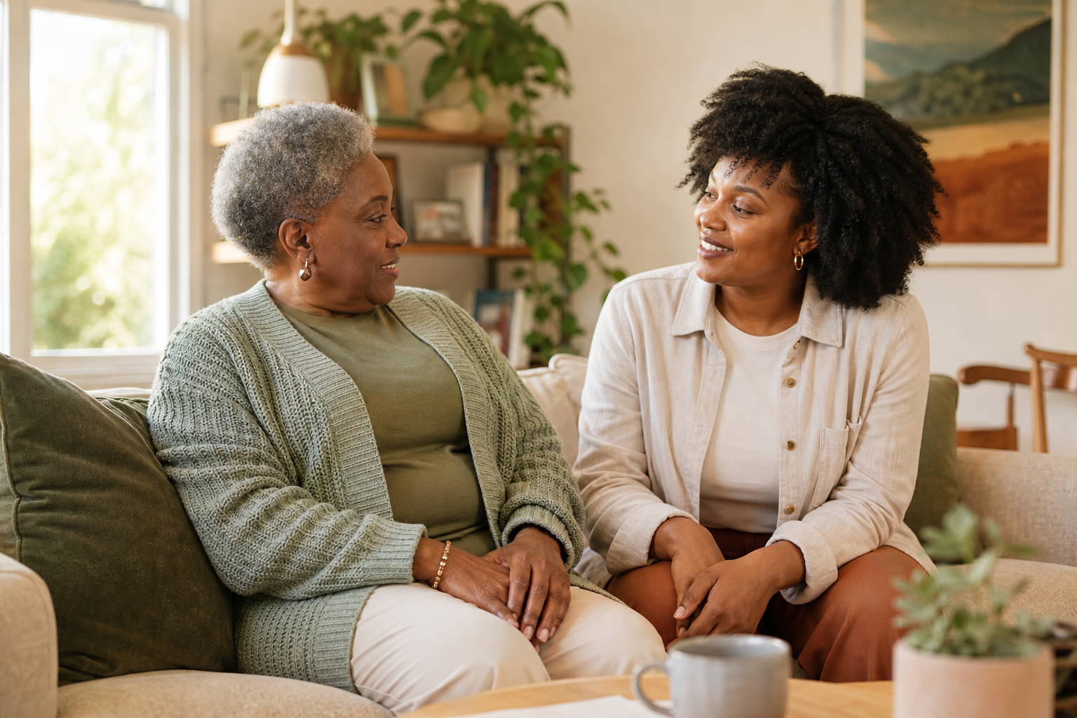 A client and caregiver sharing a warm conversation at home